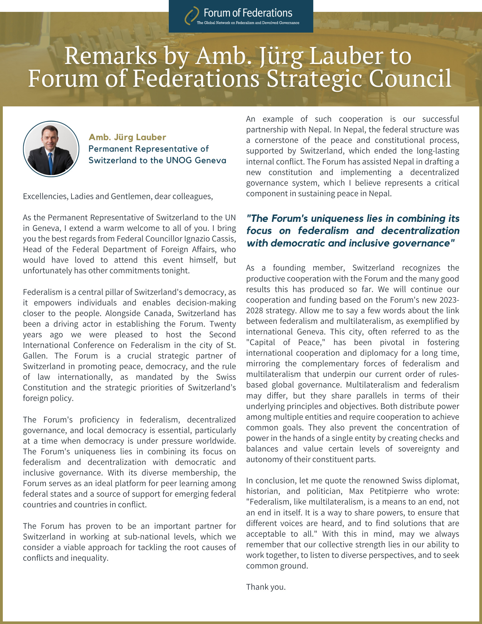 Remarks by Amb. Jürg Lauber to  Forum of Federations Strategic Council